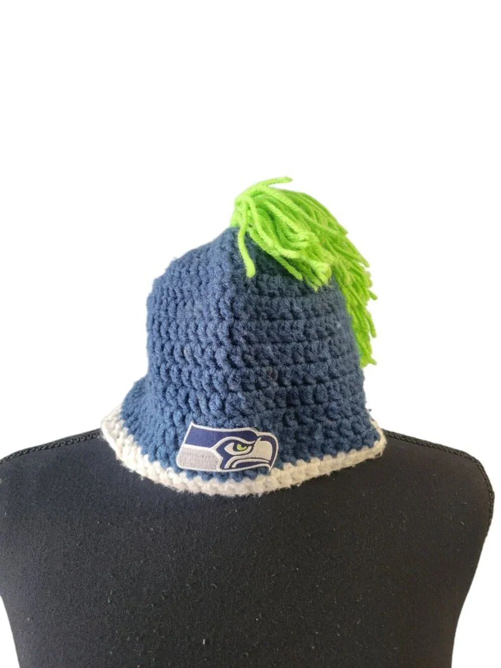 hand-crocheted Seattle Seahawks beanie blue yarn, a white brim, bright green Hat
